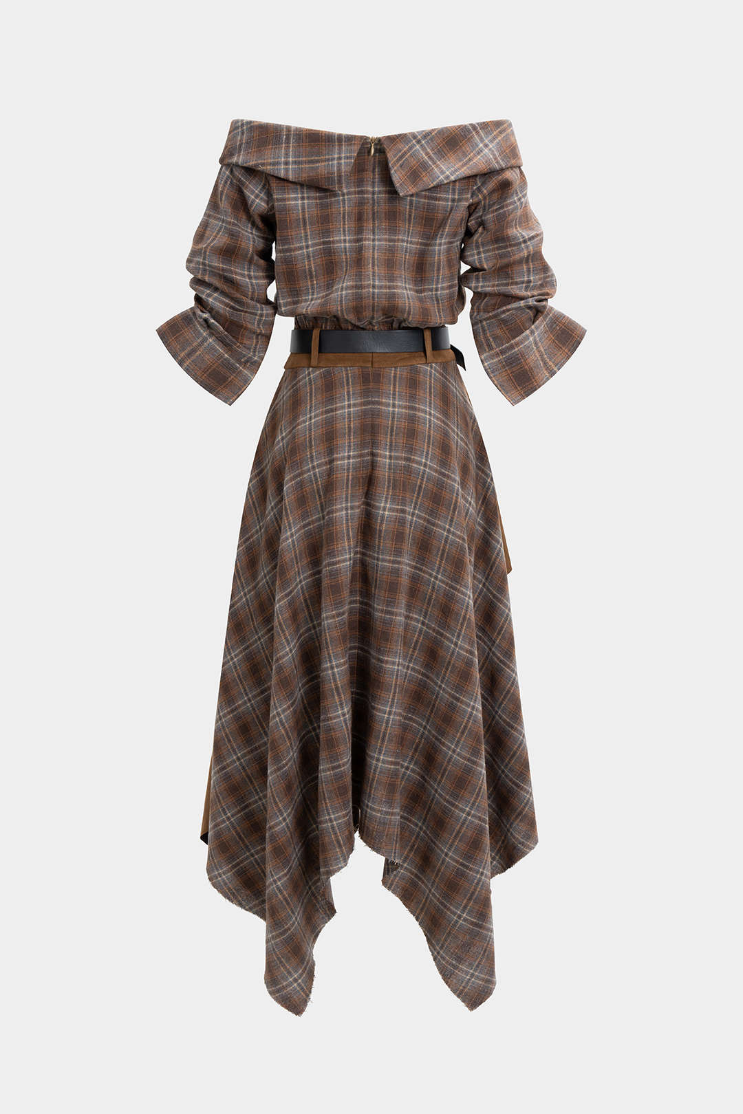 Plaid Print Suede Off Shoulder Zipper Belted Long Sleeve Midi Dress