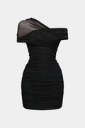 Mesh One Shoulder Asymmetrical Sleeveless Mini Dress