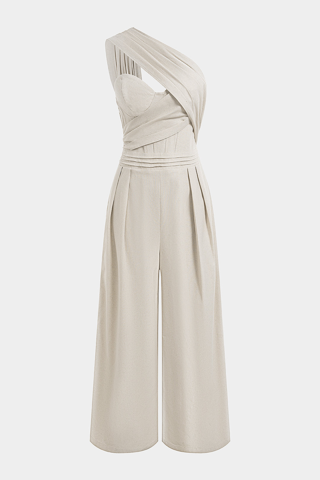Linen One Shoulder Asymmetrical Ruched Sleeveless Jumpsuit