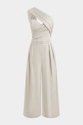Linen One Shoulder Asymmetrical Ruched Sleeveless Jumpsuit