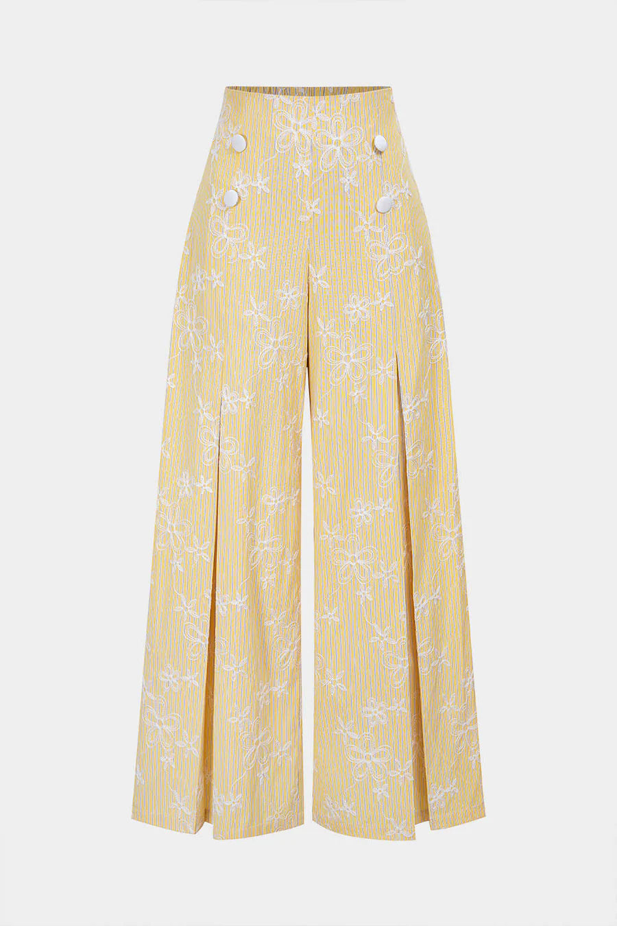 Stripes Floral Print Textured Shirred Waistband Button Ruched Wide Leg Pants
