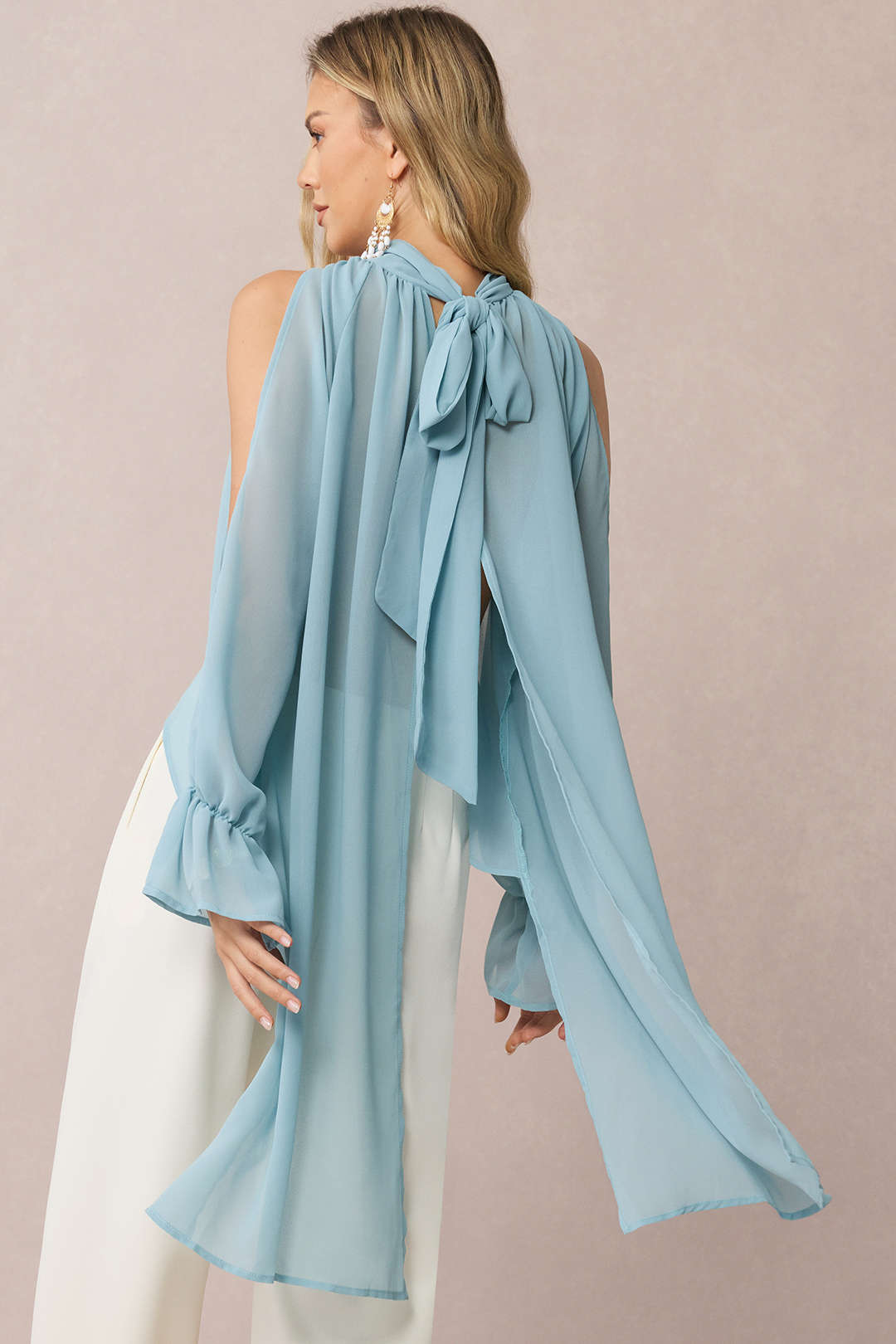 Chiffon Halter Neck Tie Back Cut Out Ruched Long-Sleeve Shirt