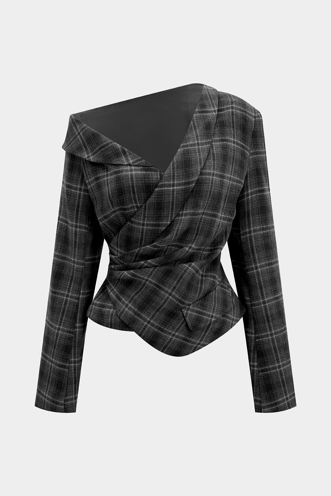 Plaid Print Asymmetrical One Shoulder Ruched Long-Sleeve Top