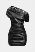 Faux Leather Metallic Eyelet Ruched One Shoulder Mini Dress