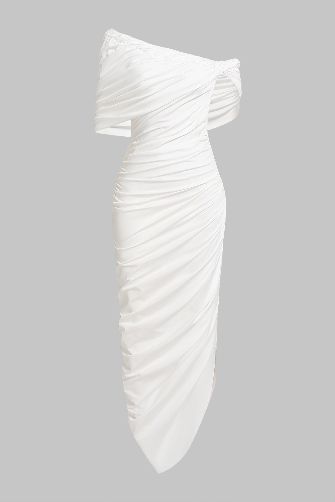 Off Shoulder Asymmetrical Ruched Sleeveless Midi Dress