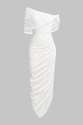 Off Shoulder Asymmetrical Ruched Sleeveless Midi Dress