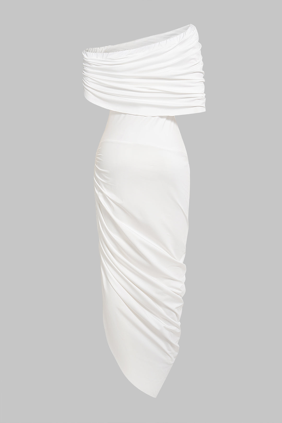 Off Shoulder Asymmetrical Ruched Sleeveless Midi Dress