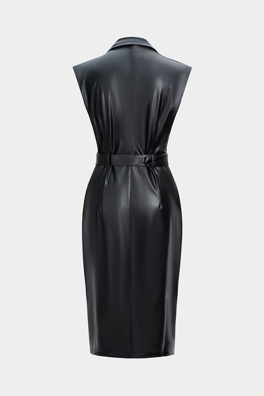 Faux Leather Button Belted Sleeveless Midi Dress