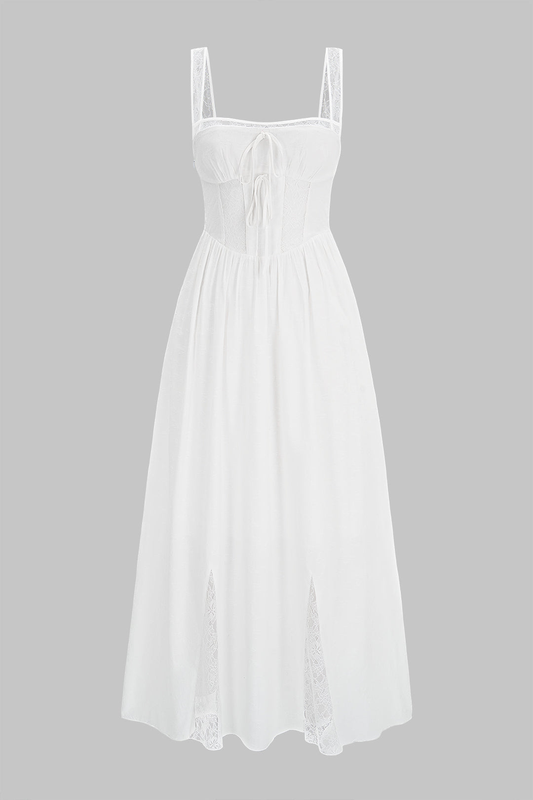 Lace Trim Patchwork Tie Front Ruched Sleeveless Midi Dress