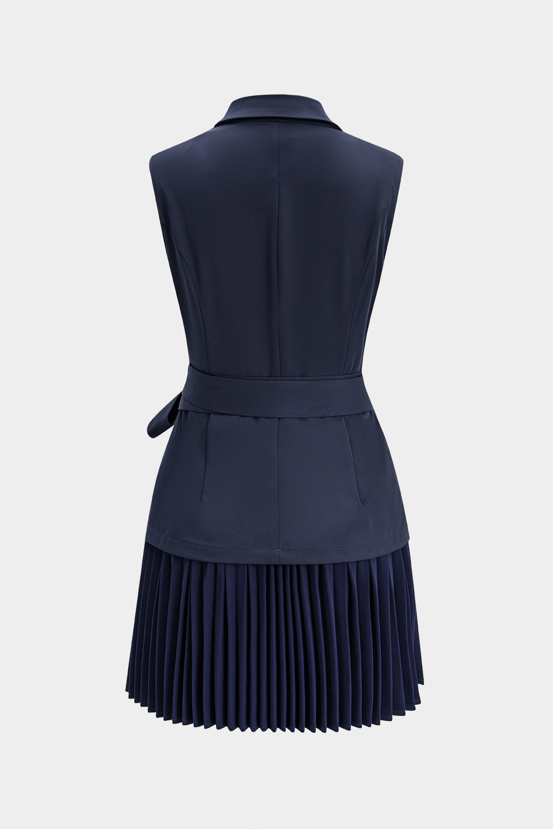 Notched Lapel Tie-Up Pleated Sleeveless Mini Dress