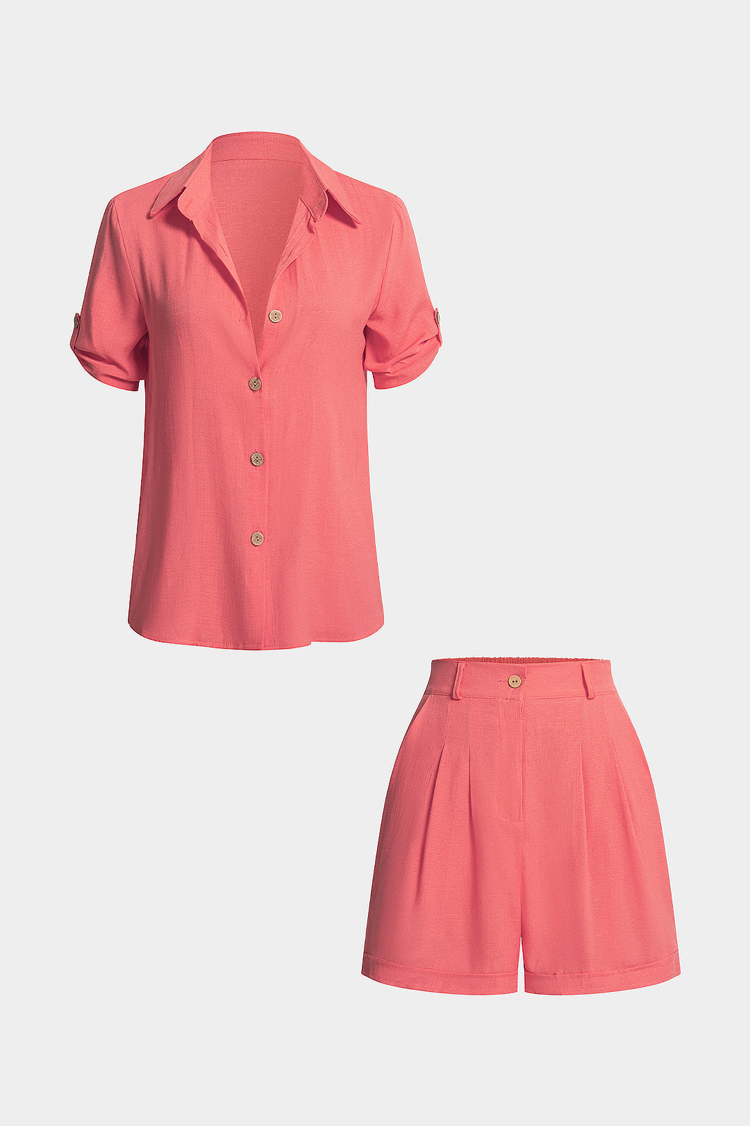 Lapel Button Short Sleeve Shirt And High Waist Shorts Set