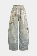 Denim Abstract Print Wide Leg Pants