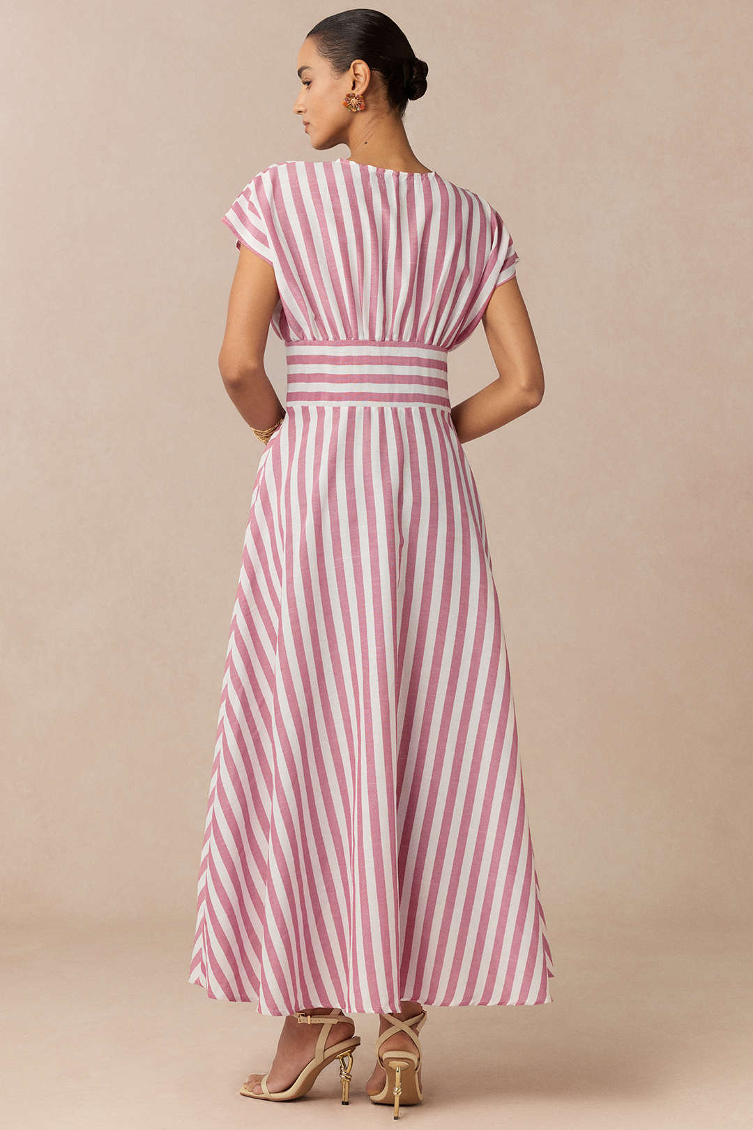 Stripes Print Round Neck Button Flutter Sleeve Dress
