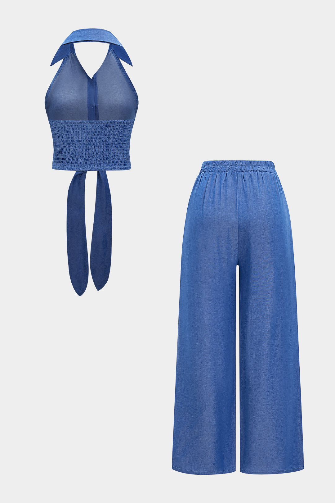 Denim Lapel Tie Front Backless Vest And Shirred Waistband Wide Leg Pants Set