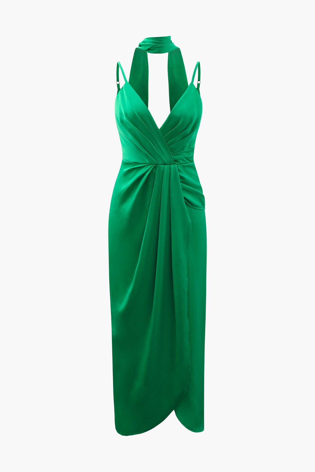 V-neck Satin Pleated Ruched Dress With Neck Scarf