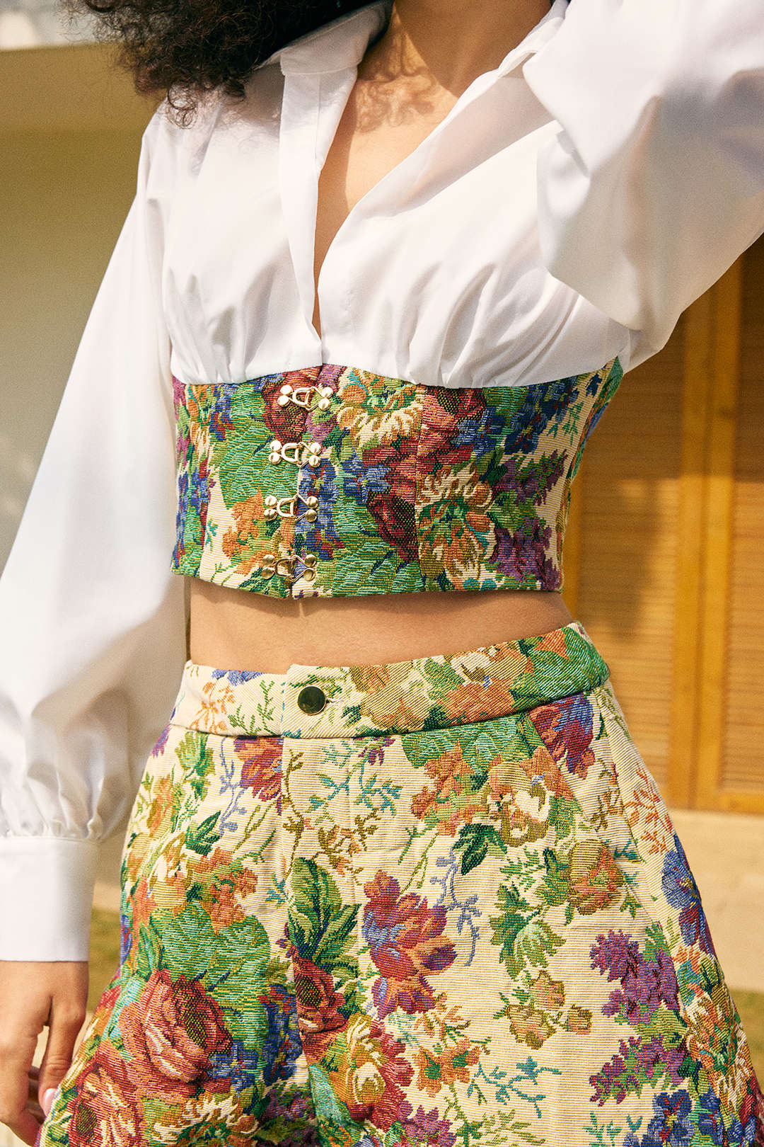 Floral Print Jacquard Ruched Balloon Sleeve Top