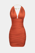 Metallic Halter Backless Ruched Sleeveless Mini Dress