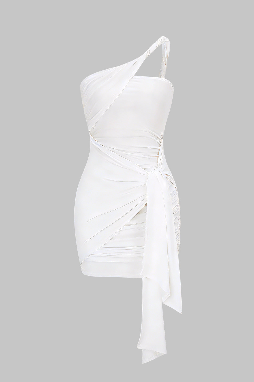 One Shoulder Twist Knot Asymmetrical Tie-Up Ruched Sleeveless Mini Dress