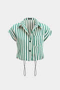 Stripes Print Lapel Button Drawstring Short-Sleeve Shirt