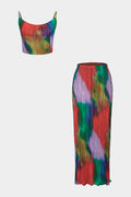 Tie Dye Print Satin Pleated Round Neck Cami Top And High Waist Skirt Set