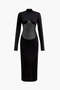 Solid Faux Leather Patchwork Midi Dress