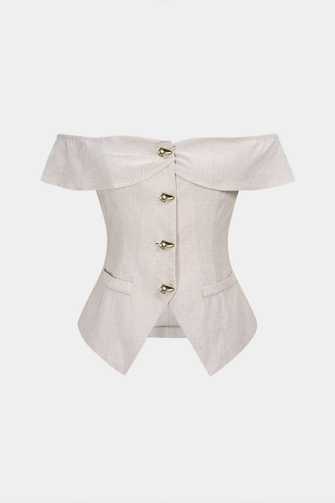 Linen Metallic Button Off-Shoulder Sleeveless Top