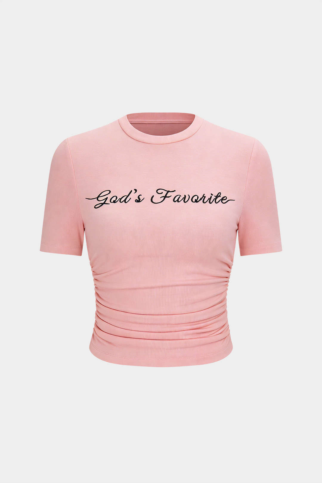 Letter Embroidery Round Neck Ruched Short Sleeve T-Shirt