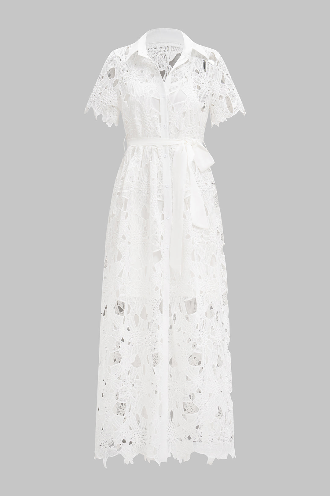 Lace Lapel Tie-Up Button Short Sleeve Maxi Dress