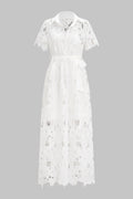 Lace Lapel Tie-Up Button Short Sleeve Maxi Dress