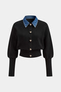 Knit Denim Patchwork Button Gigot Long-Sleeve Top