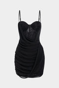 Chiffon Patchwork Lace Corset Asymmetrical Ruched Sleeveless Mini Dress