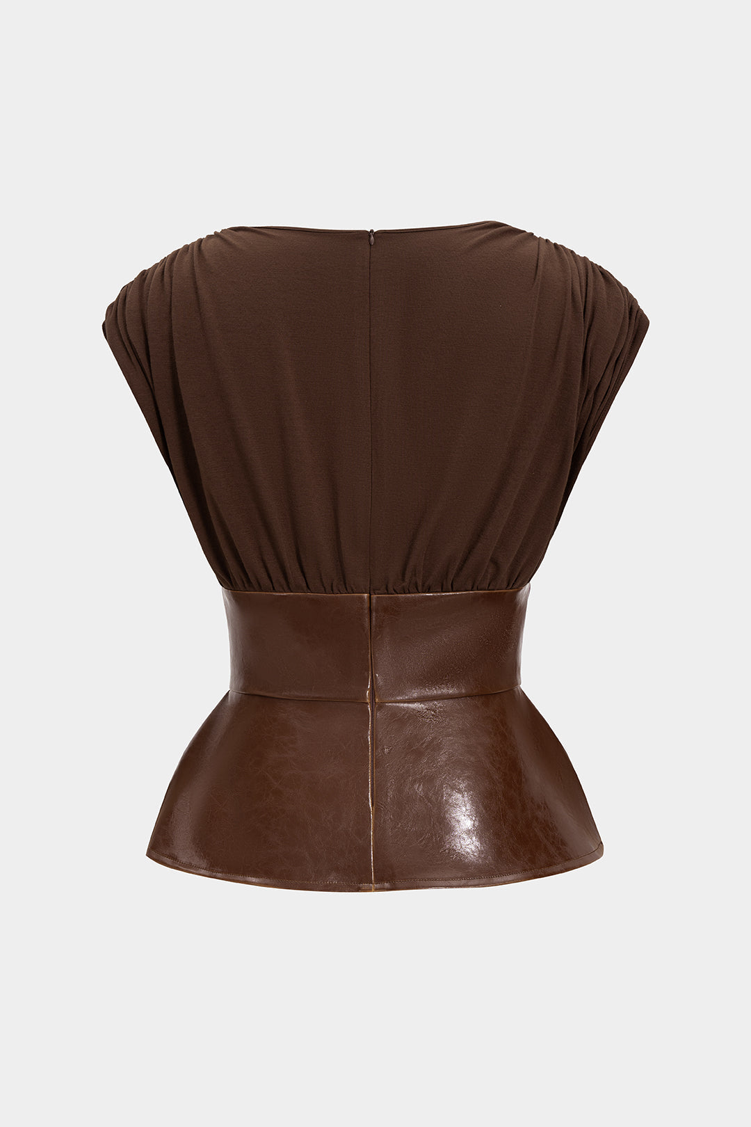 Faux Leather Patchwork Ruched Zipper Short-Sleeve Top