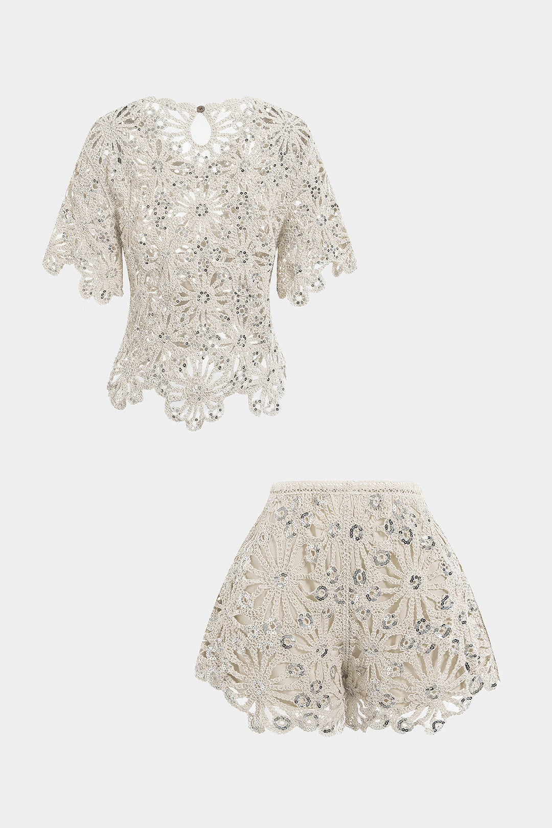 Embroidery Sequin Round Neck Short Sleeve Top And Wide Leg Shorts Set