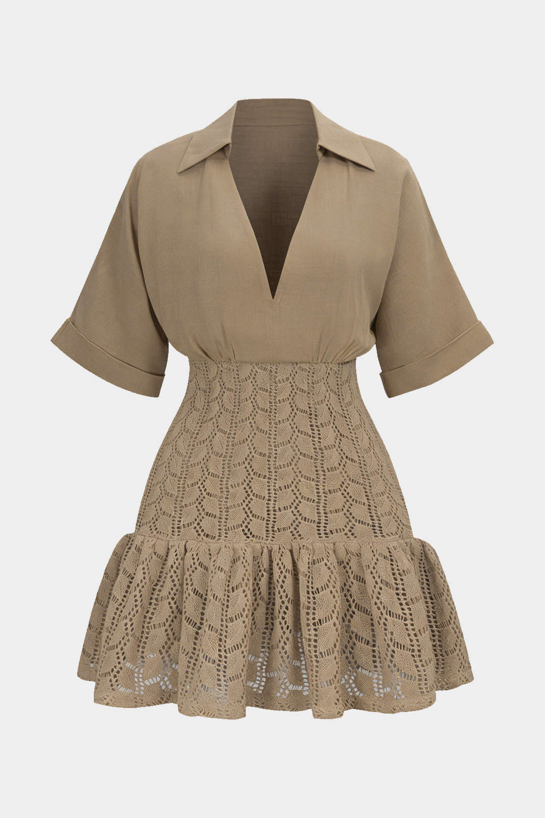 Jacquard Patchwork linen Ruched V-Neck Short Sleeve Mini Dress