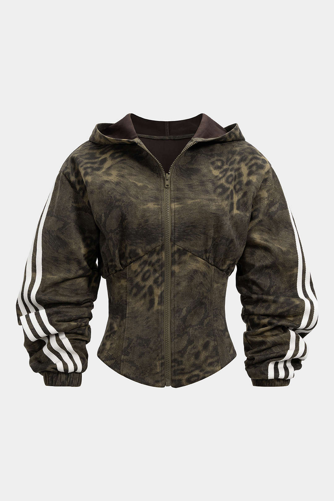 Leopard Stripes Print Zipper Waist-Cinching Long-Sleeve Hoodie