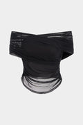 Mesh Patchwork Off Shoulder Crossed Ruched Short Sleeve T-Shirt