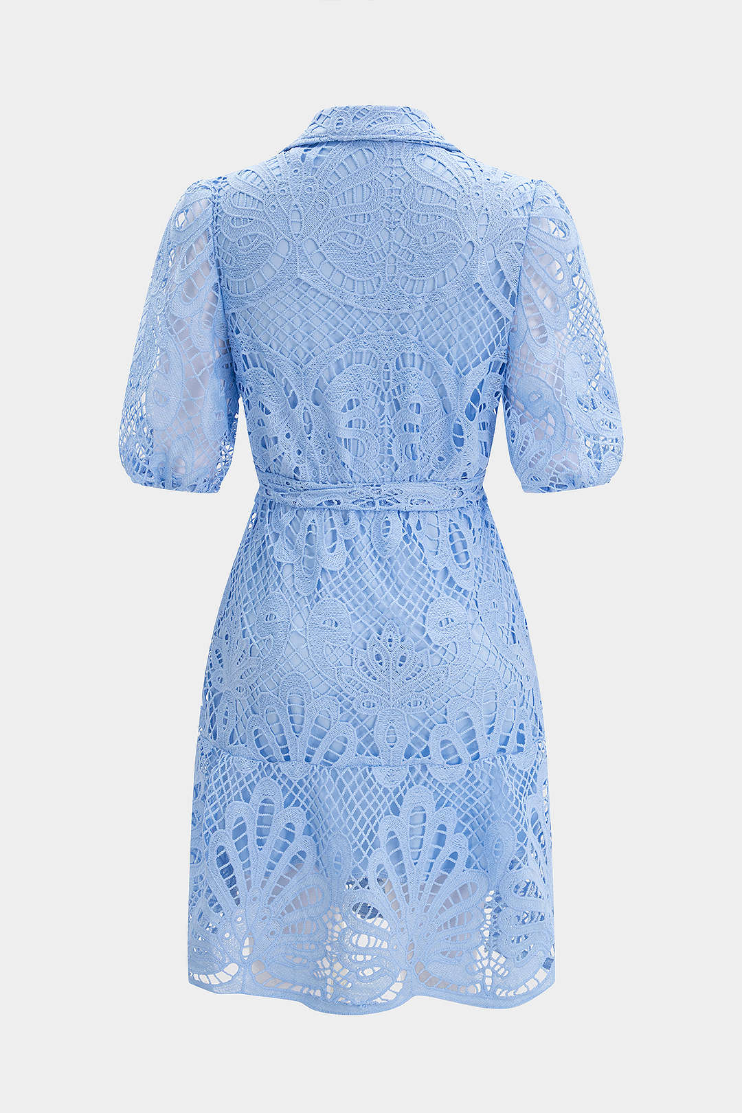 Lapel Lace Hollow Out Button Short Sleeve Midi Dress