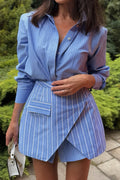 Stripes Print Button Long Sleeve Shirt And Tie-Up Skirt Set