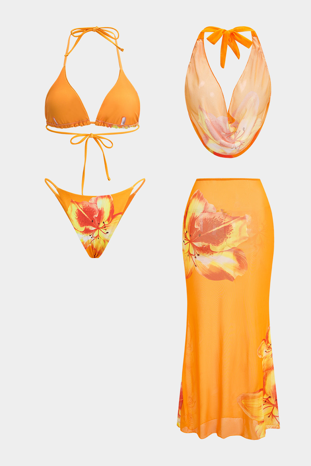 Floral Print Mesh Tie-Up Bikini Set