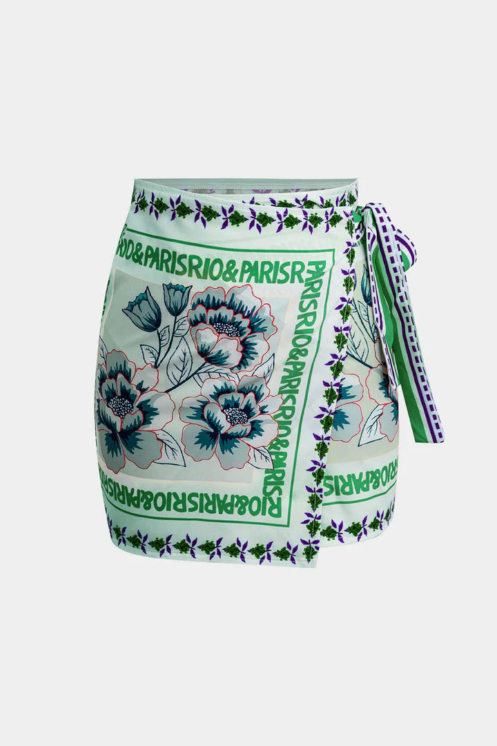 Retro Floral Print Knotted Wrap Mini Skirt