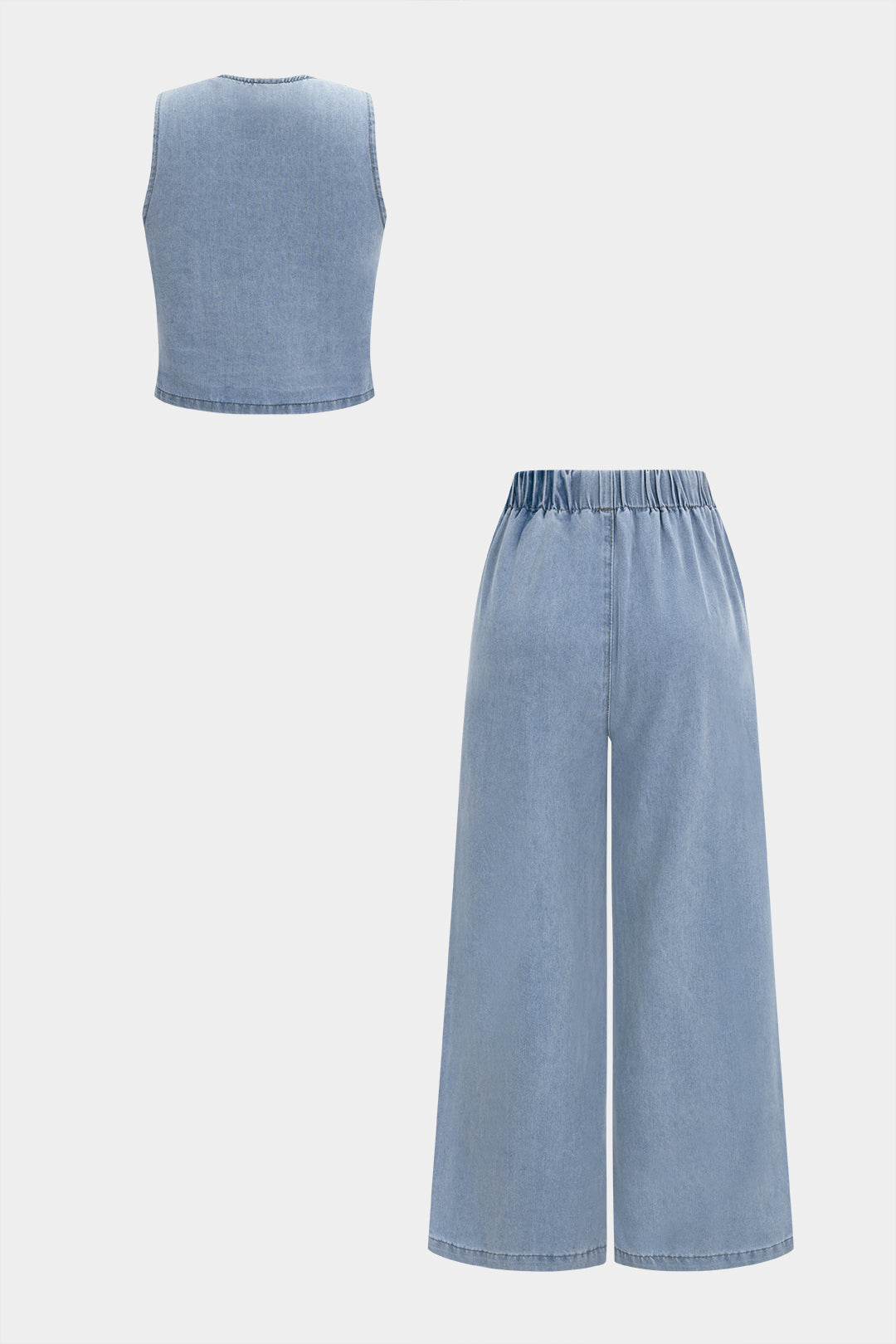 Denim Tie-Up Cut Out Tank Top And High Waist Wide Leg Pants Set