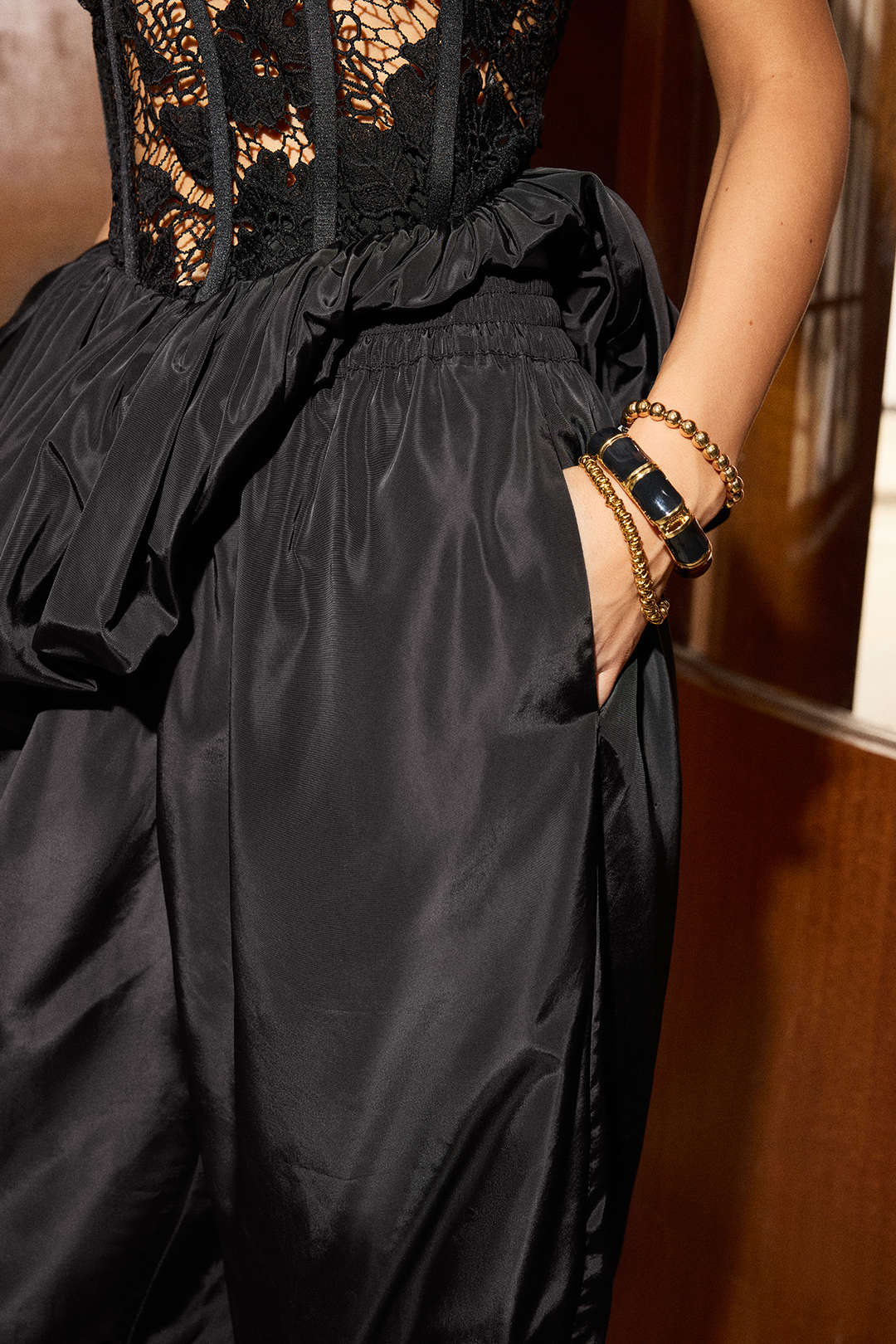Tie-Up Shirred Waistband Wide Leg Pants