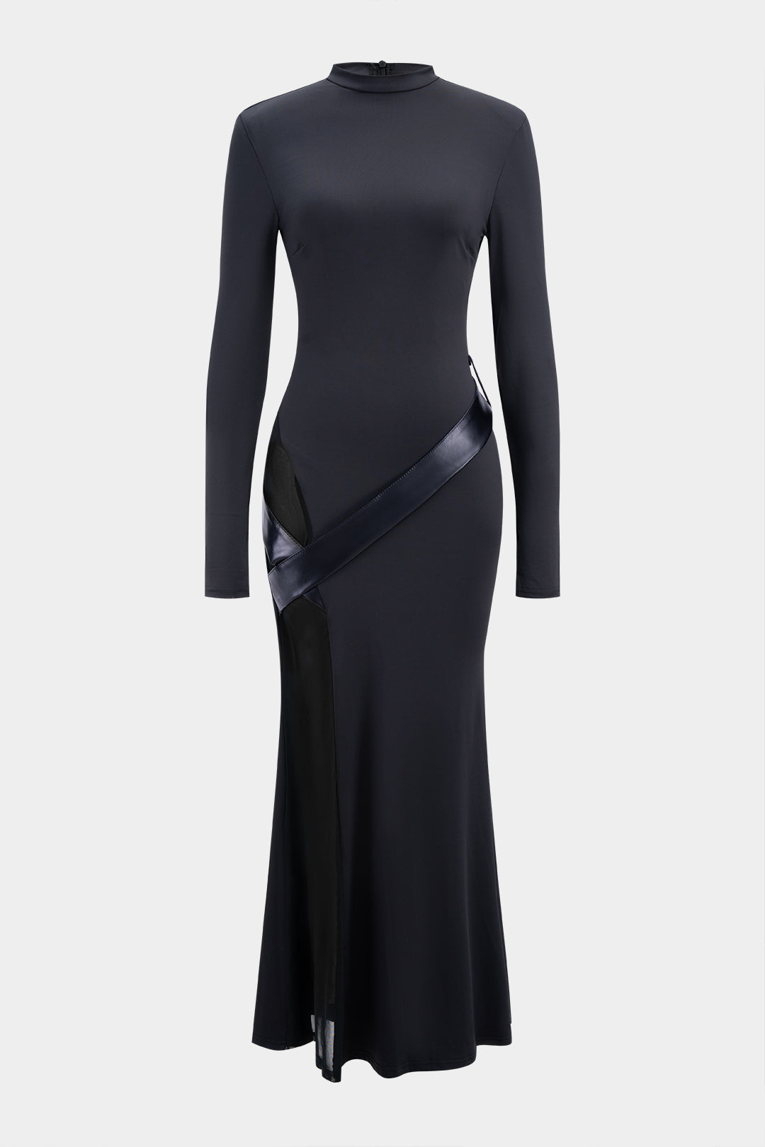 Round Neck Patchwork Zipper Long Sleeve Maxi Dress