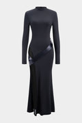 Round Neck Patchwork Zipper Long Sleeve Maxi Dress