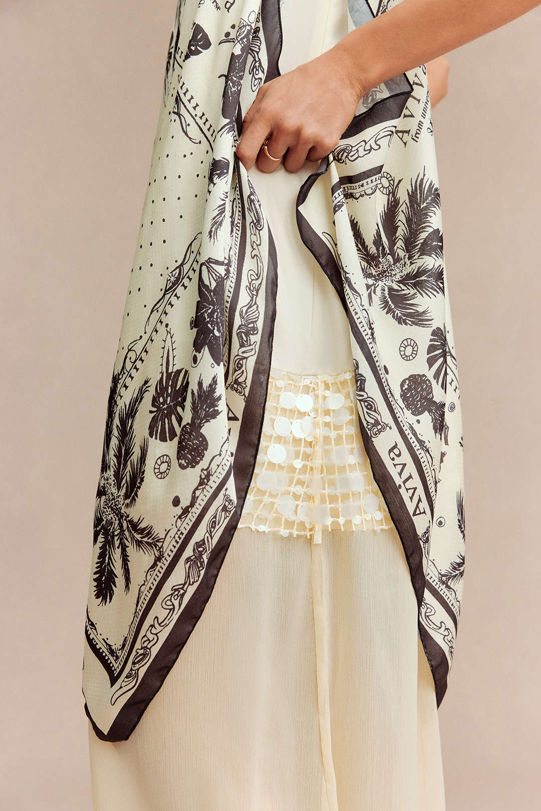 Leaf Print Patchwork Sequin Beaded Sleeveless Midi Dress
