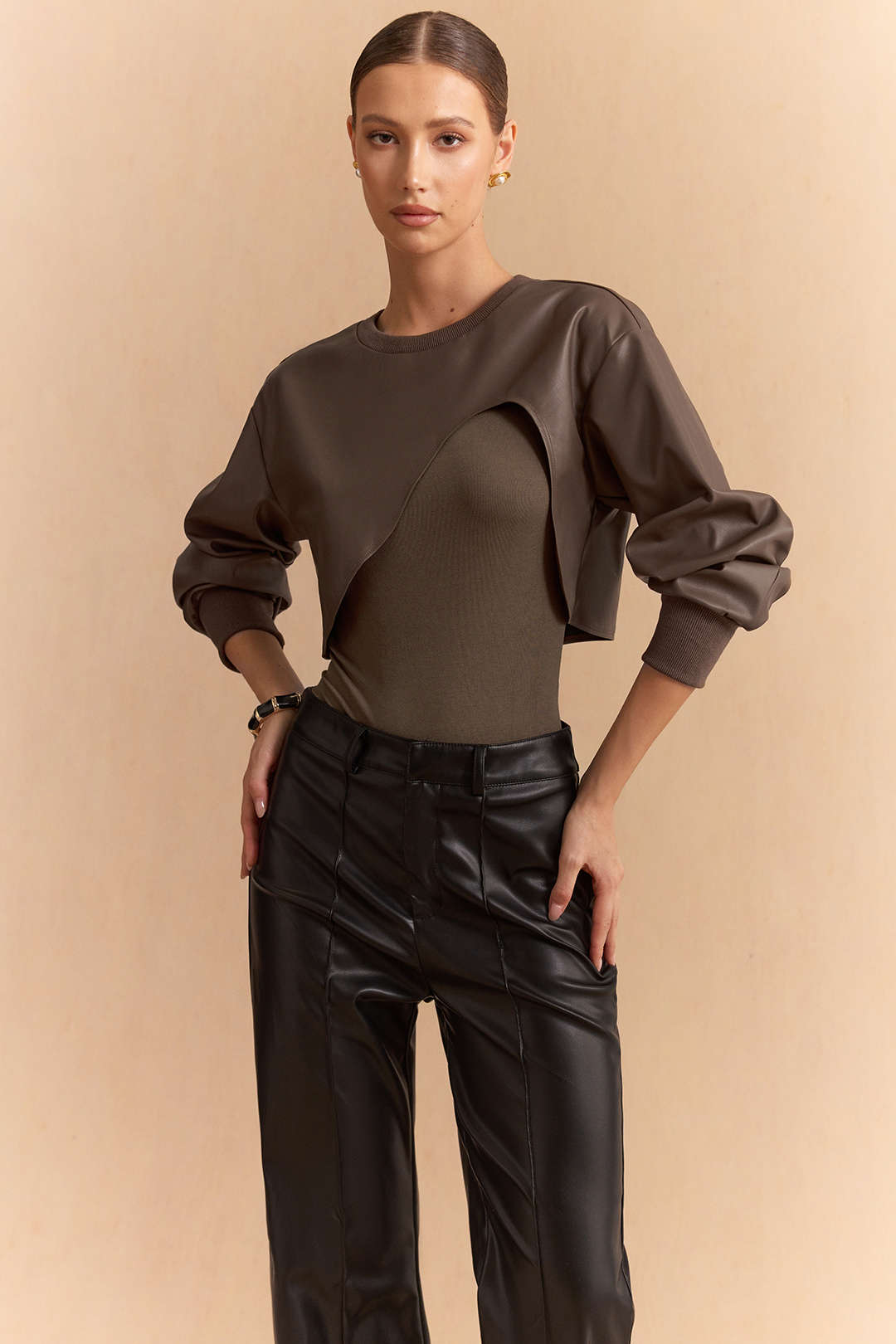 Faux Leather Patchwork Round Neck Asymmetrical Long Sleeve Bodysuit