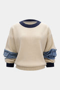 Knit Denim Patchwork Contrast Ribbed Long-Sleeve Top