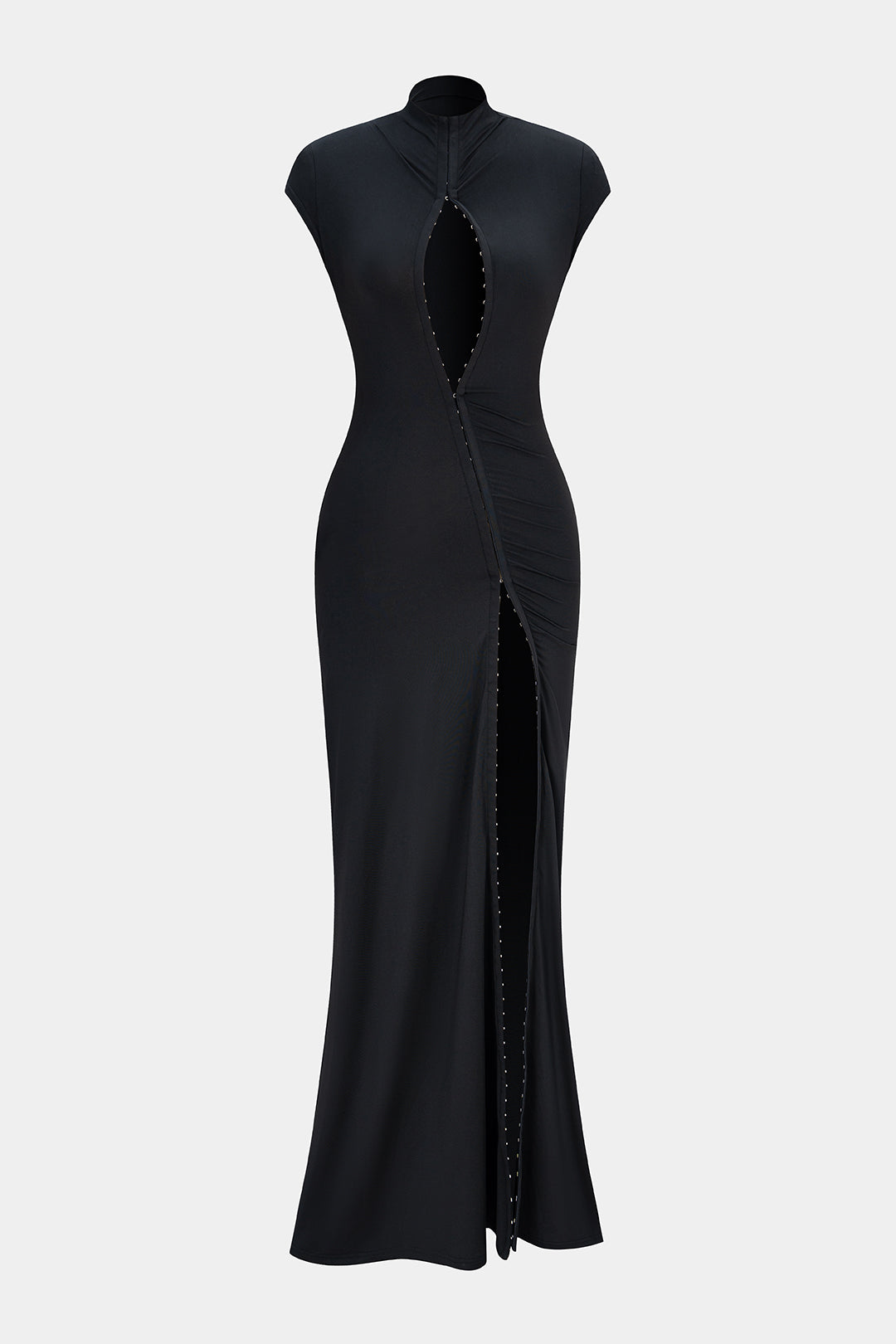 Mock Neck Cut Out High Slit Short Sleeve Maxi Dress