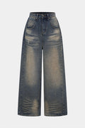 Denim Patchwork Faux Leather Wide Leg Jeans