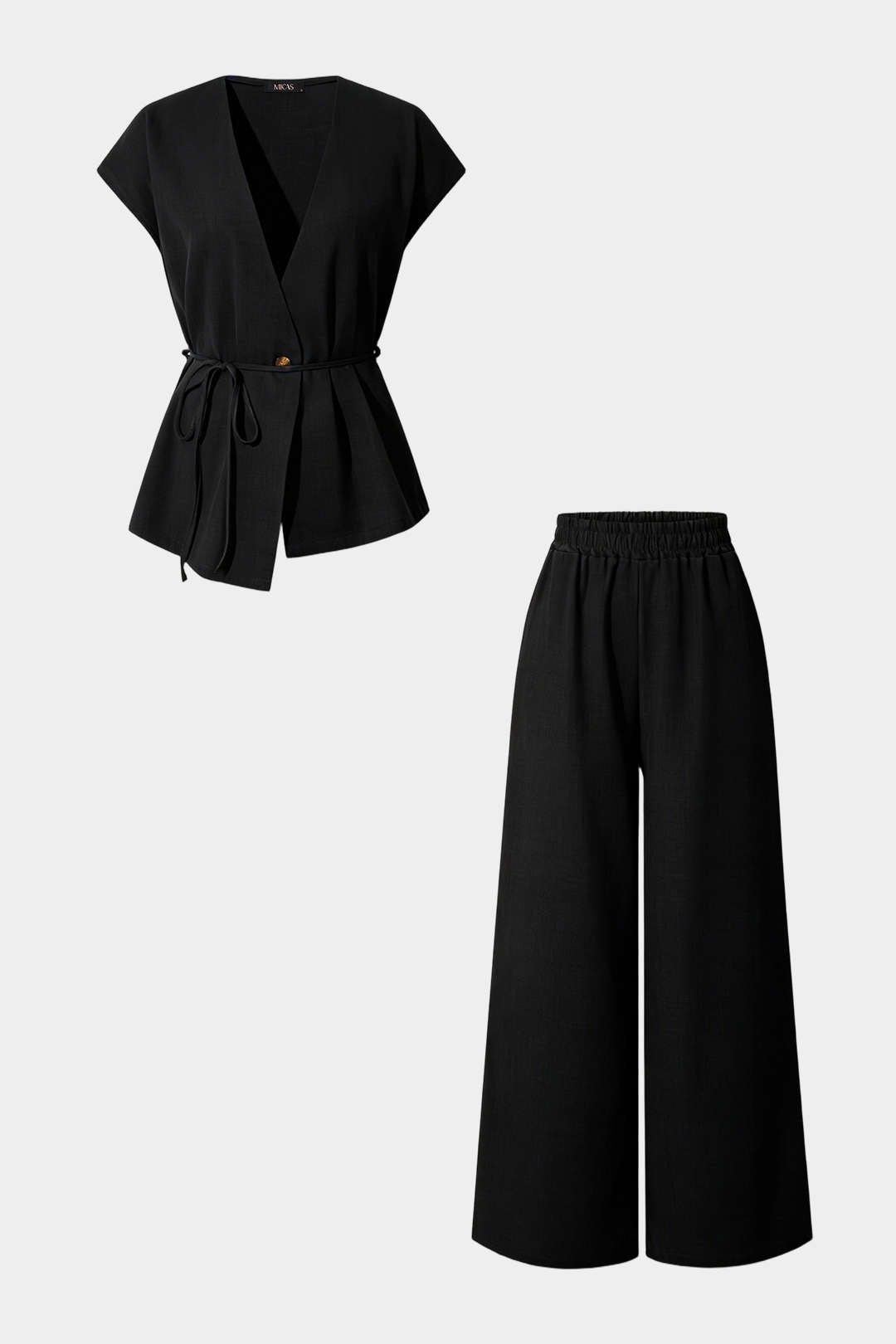 V-Neck Tie-Up Top And Shirred Waistband Wide Leg Pants Set